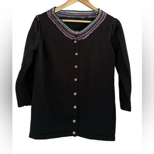 Babette Ballinger Black Button Front Cardigan Sweater with Rainbow Crochet Trim